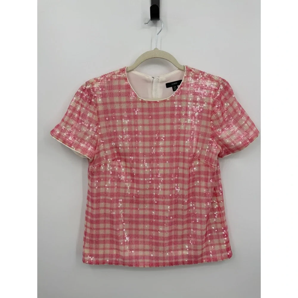 J. Crew AJ401 Sequin Gingham Top Women XS Pink Plaid Short Sleeve Sparkle Zipper